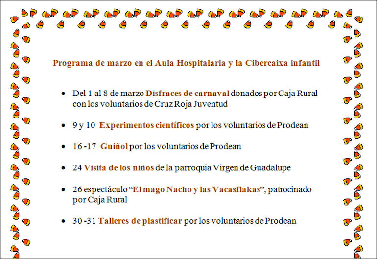 Programa de actividades para el mes de marzo en el Aula Hospitalaria y Ciberaula