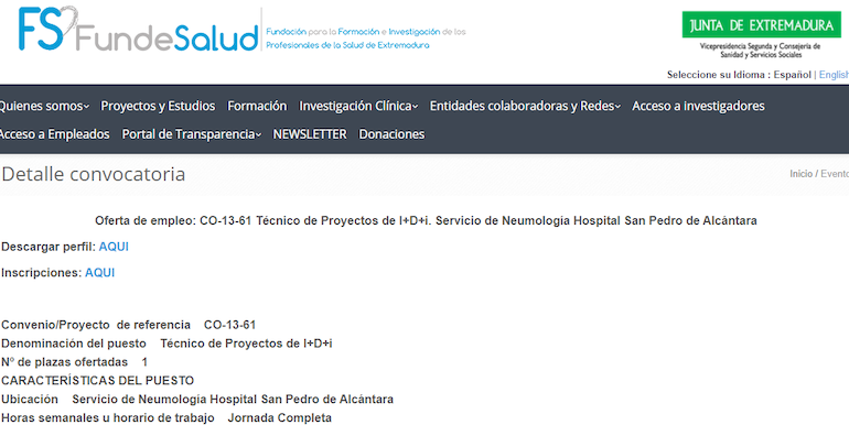 260121   Oferta de empleo CO1361 Tcnico de Proyectos de IDi Servicio de Neumologa Hospital San Pedro de Alcntara